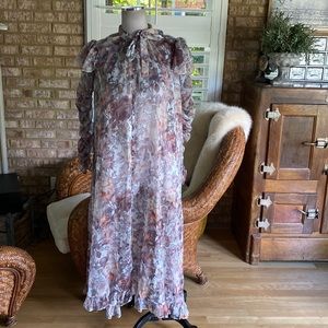 BUELAH STYLE SHEER FLORAL HIGH NECK RUFFLE MAXI DRESS BUTTON UP SMALL NEW